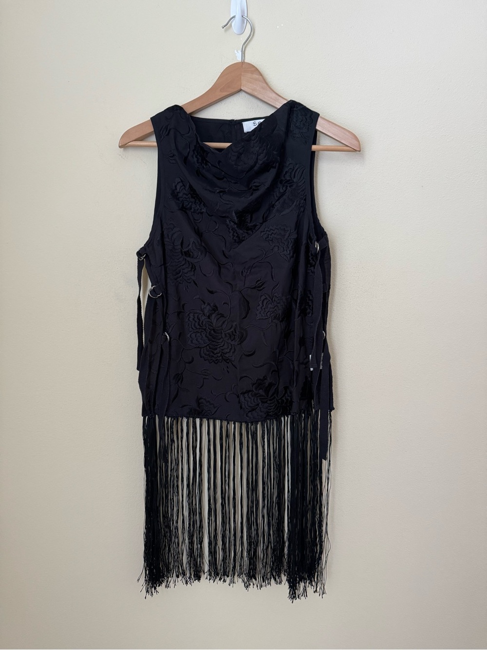Sea New York Priscilla Embroidery Cowl Neck Fringe Vest Black Small
